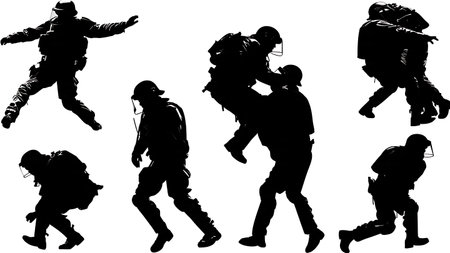 Riot Police Crowd Extraction and Rescue Silhouettes isolated on plain white background.のイラスト素材
