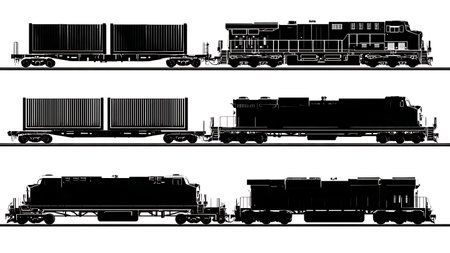 Train with Shipping Containers for Rail Freight Silhouettes isolated on plain white background.のイラスト素材
