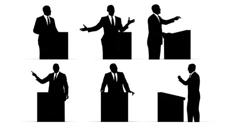 Black Solid Public Speaker at Podium with Hand Gestures Silhouettes isolated on plain white background.のイラスト素材