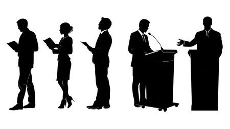 University Professor Lecturing at Lectern Silhouette Collection isolated on plain white background.のイラスト素材