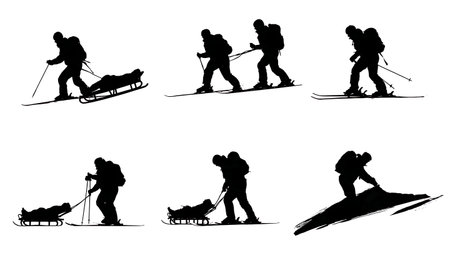 Ski Patrol Rescuing an Injured Skier with a Toboggan Silhouettes isolated on plain white background.のイラスト素材