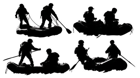Swift Water Rescue Team in a River Silhouettes Set isolated on plain white background.のイラスト素材