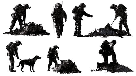 Search and Rescue K9 Handler and Dog Silhouettes Collection isolated on plain white background.のイラスト素材