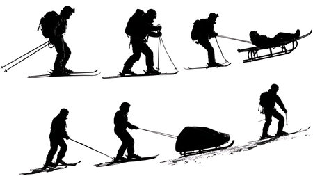 Ski Patrol Rescuing an Injured Skier with a Toboggan Silhouettes isolated on plain white background.のイラスト素材