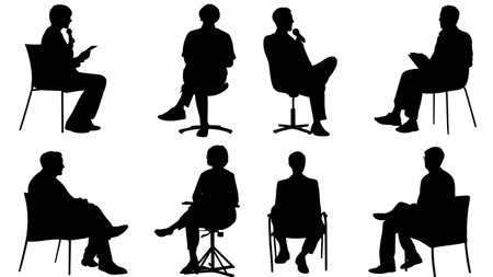 Talk Show Guest Speaker Being Interviewed Silhouettes isolated on plain white background.のイラスト素材