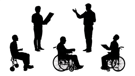 Speaker with a Disability Giving a Presentation Silhouettes isolated on plain white background.のイラスト素材
