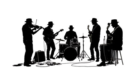 Street Musician Jam Session with a Violinist Silhouettes isolated on plain white background.のイラスト素材