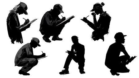 Tattoo Artist Sketching New Designs in Sketchbook Silhouettes isolated on plain white background.のイラスト素材
