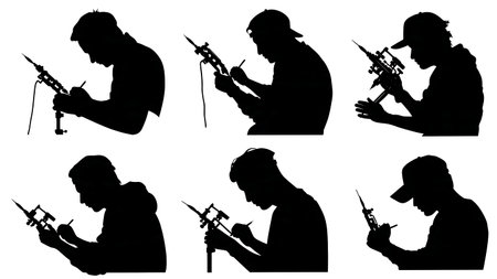 Tattoo Artist Using a Modern Tattoo Pen Machine Silhouettes isolated on plain white background.のイラスト素材