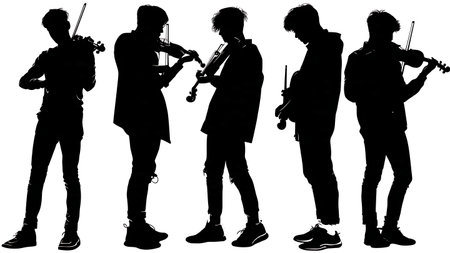 Young Adult and Teenage Violinist Silhouettes Set isolated on plain white background.のイラスト素材
