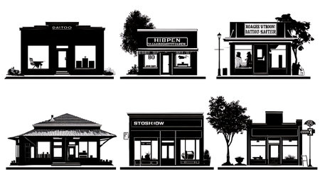 Tattoo Shop Exterior and Front View Silhouettes Set isolated on plain white background.のイラスト素材