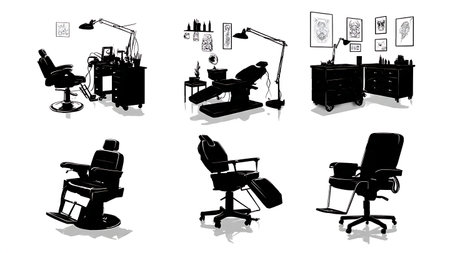 Tattoo Shop Interior and Environment Silhouettes Collection isolated on plain white background.のイラスト素材