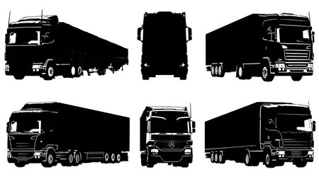 Freight Truck at a Weigh Station Inspection Silhouettes isolated on plain white background.のイラスト素材