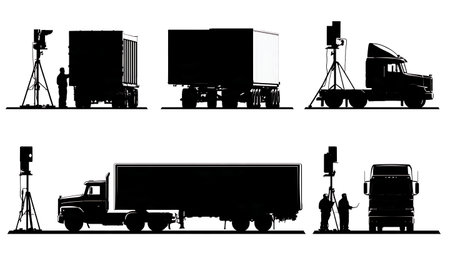 Freight Truck at a Weigh Station Inspection Silhouettes isolated on plain white background.のイラスト素材