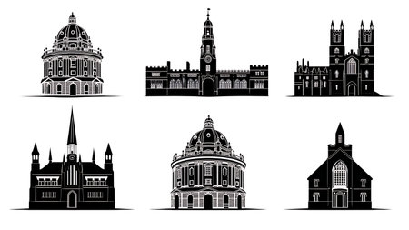 Famous University Campus Landmark Silhouettes Set isolated on plain white background.のイラスト素材