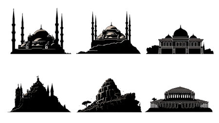 Historic and Natural Turkish Landmark Silhouettes isolated on plain white background.のイラスト素材