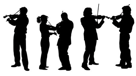 Violin Duet Performance Interaction Silhouettes Collection isolated on plain white background.のイラスト素材