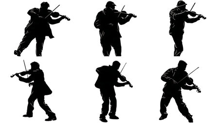 Violinist Breaking a String Mid-Performance Silhouettes isolated on plain white background.のイラスト素材