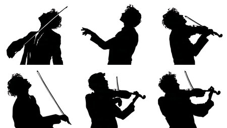 Violinist Looking Up in Musical Inspiration Silhouettes isolated on plain white background.のイラスト素材