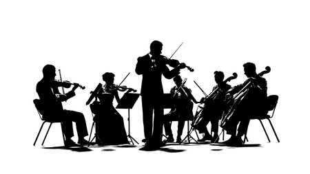 Violinist Soloist with Orchestra Silhouettes Set isolated on plain white background.のイラスト素材