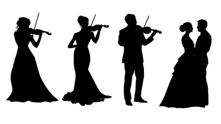 Wedding Ceremony Violinist Performance Silhouettes Set isolated on plain white background.のイラスト素材