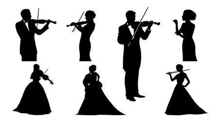 Wedding Ceremony Violinist Performance Silhouettes Set isolated on plain white background.のイラスト素材