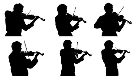 Violinist with a Shoulder Rest Equipment Silhouettes isolated on plain white background.のイラスト素材