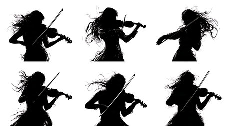 Dynamic Violinist with Flowing Hair Silhouettes Collection isolated on plain white background.のイラスト素材