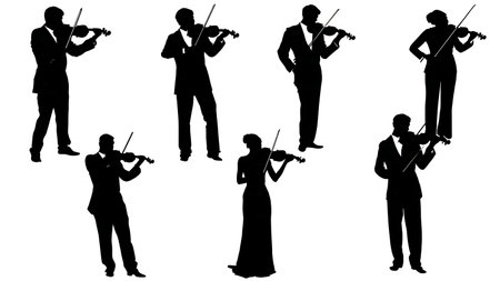Violinist Tuning Instrument Before Performance Silhouettes Set isolated on plain white background.のイラスト素材