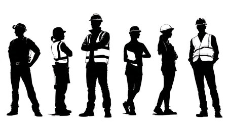 Warehouse Workers in Safety Vests and Hard Hats Silhouettes isolated on plain white background.