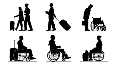 Airport Wheelchair Attendant Assisting Passengers Silhouettes Set isolated on plain white background.のイラスト素材