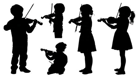 Young Child Violinist Student Learning and Practicing Silhouettes isolated on plain white background.のイラスト素材