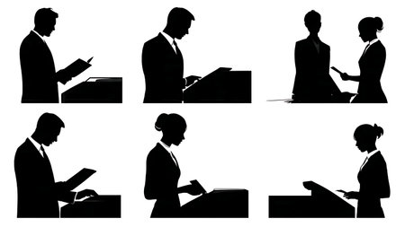 Airport Ticketing Agent at Counter Silhouettes Collection isolated on plain white background.のイラスト素材