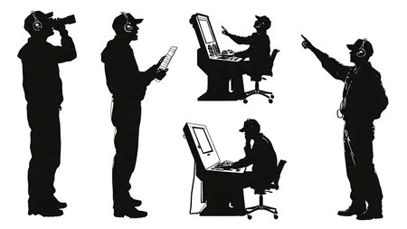 Black Solid Air Traffic Controller Work Silhouettes on White Background isolated on plain white background.のイラスト素材