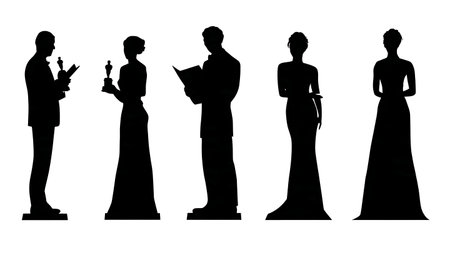 Speaker Giving an Award Acceptance Speech with Trophy Silhouettes isolated on plain white background.のイラスト素材