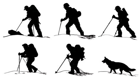 Avalanche Rescue with Probes and K9 Silhouettes isolated on plain white background.のイラスト素材