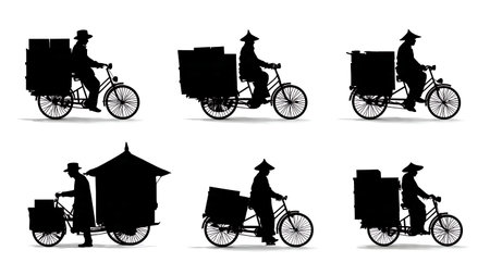 Cargo Bike and Cycle Rickshaw Loading Silhouettes Set isolated on plain white background.のイラスト素材