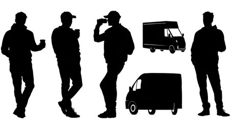 Relaxed Courier on a Work Break Silhouette Collection isolated on plain white background.のイラスト素材