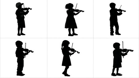Young Child Violinist Student Learning and Practicing Silhouettes isolated on plain white background.のイラスト素材
