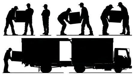 Courier Team Collaboration Loading a Delivery Truck Silhouettes isolated on plain white background.のイラスト素材