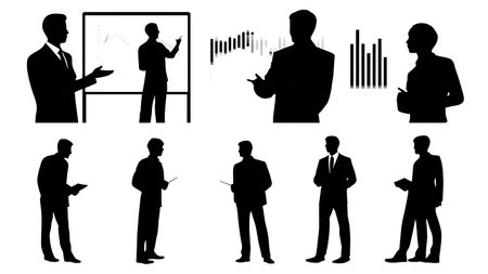 Business Executive Presenting Financial Data Silhouettes Set isolated on plain white background.のイラスト素材