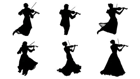 Magical Floating and Levitating Violinist Silhouettes isolated on plain white background.のイラスト素材