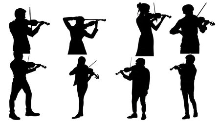 Left-Handed Violinist Playing Posture Silhouettes isolated on plain white background.のイラスト素材