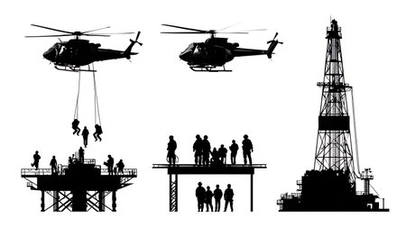 Oil Rig Helicopter Evacuation Silhouettes Set isolated on plain white background.のイラスト素材