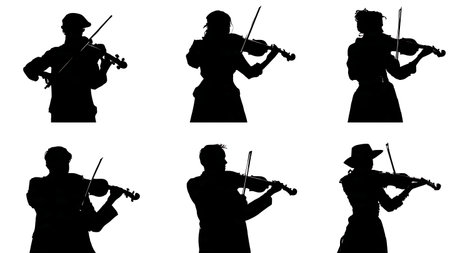 Orchestra Violin Section in Unison Silhouettes Collection isolated on plain white background.のイラスト素材