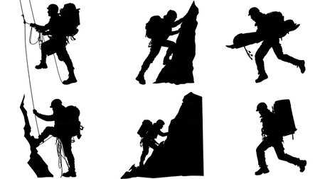 Mountain Rescue Team Climbing and Rappelling Silhouettes Set isolated on plain white background.のイラスト素材