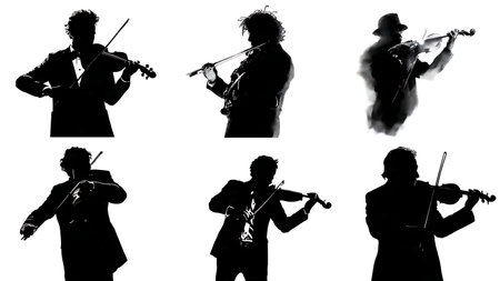 Violinist Playing in a Smoky Jazz Club Silhouettes isolated on plain white background.のイラスト素材