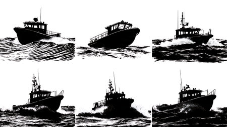 Rescue Boat in Rough Seas During a Storm Silhouettes isolated on plain white background.のイラスト素材