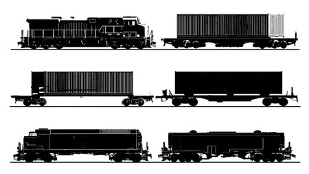 Train with Shipping Containers for Rail Freight Silhouettes isolated on plain white background.のイラスト素材