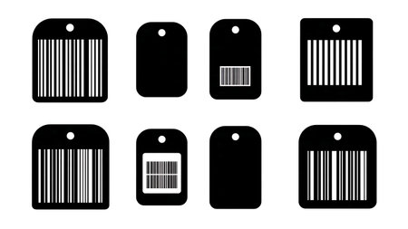 Assorted Shipping Label and Barcode Silhouette Designs isolated on plain white background.